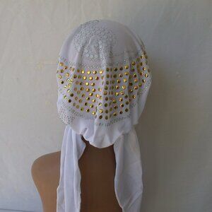 WHITE Pre-Tied Stud Chemo Cap Slip On Bonnet Hijab Undercap #2